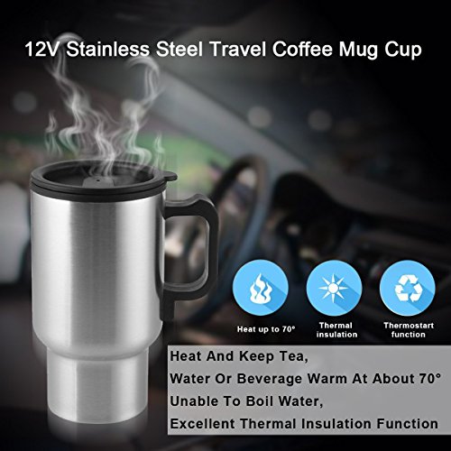 Carperipher 12V Car Heated Mug Tech Tool Stainless Steel Travel Electric Cup Vacuum Thermos Smart Temperature Control for Heating Water, Coffee, Milk and Tea with Airtight Lid, Auto Charger