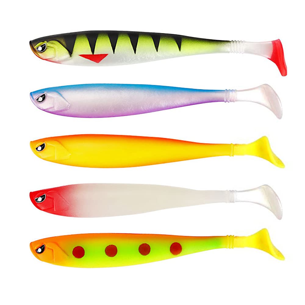 ANCLLO 5 Colors T-Tail Swimming Bait, Soft Bait, Curved Tail，Ribbed Design, Paddle Tail, Hook Slot, Bass Fishing Lures Baits