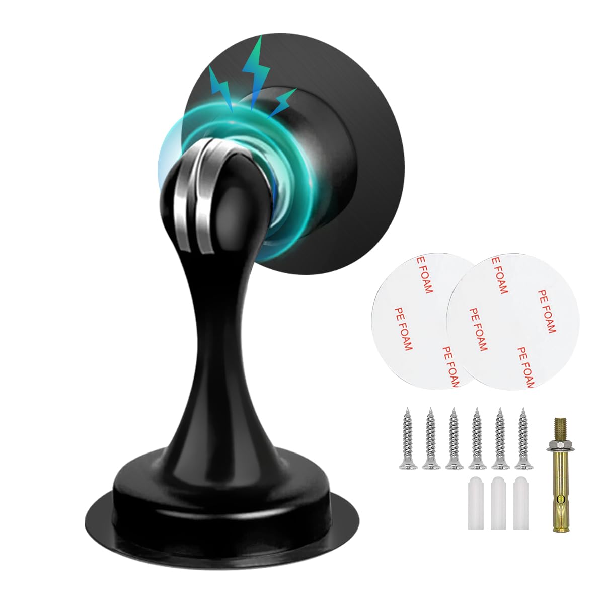 Magnetic Door Stopper Adhesive Black Door Stop Wall Floor Mount Stainless Steel Magnetic Door Catch Holder Wall Protector, No Drill