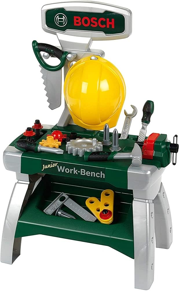 Theo Klein 8612 Bosch Werkbank Junior 2+ | Inkl. Helm, Schraubstock, Werkzeugen, Latten, Nägel, Schrauben und Muttern | Maße: 49 cm x 29 cm x 71 cm | Spielzeug für Kinder ab 2 Jahren