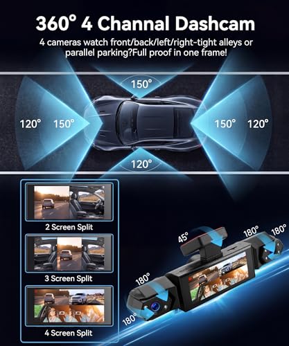 Rimoody 4 Canali 360° Dashcam Auto, 4 Telecamera HD 1080P Anteriore e Posteriore Sinistra Destra, 3.16 Pollici Schermo IPS Dash Cam con Visione Notturna 8 IR/Loop Video/24H Parcheggio Monitor