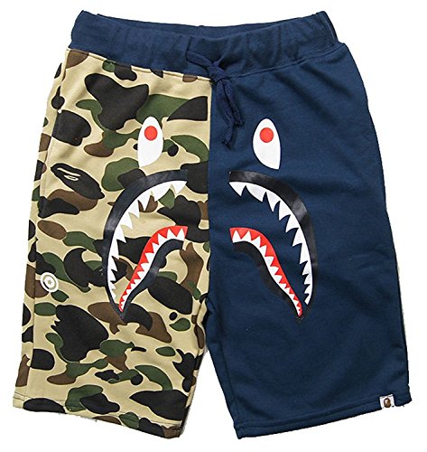 Athletic Pants Shark Pattern Camouflage Stitching Shorts Men Drawstring Sports Shorts(Blue XXL)