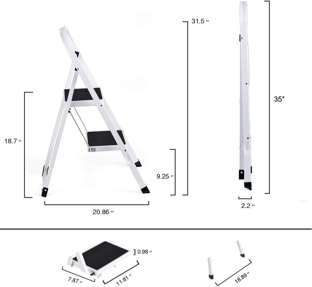 Delxo 2 Step Stool，2 Step Folding Step Stool with Handgrip, Lightweight But Heavy Duty 2 Step Ladder Multi-Use for Household, Kitchen and Office Portable 2 Step Steel Ladder 330lbs White (2 Feet) - - 