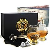Cork & Mill Whiskey Stones Gift Set - Bourbon Gift Box with Whisky Stones, Glasses, Tongs, Pouch + Booklet - Elegant Whiskey Gifts for Men - Stainless Steel Stones Chill Longer - Seamless Blown Glass