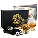 Cork & Mill Whiskey Stones Gift Set - Bourbon Gift Box with Whisky Stones, Glasses, Tongs, Pouch + Booklet - Elegant Whiskey Gifts for Men - Stainless Steel Stones Chill Longer - Seamless Blown Glass