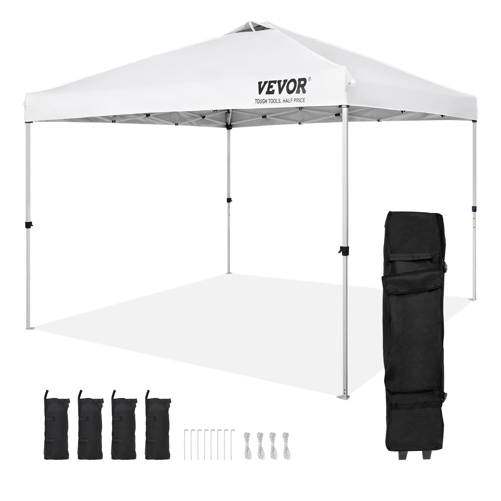Photo 1 of **SCRAPES ON LEGS**VEVOR Pop Up Canopy Tent, 10 x 10 ft, 250 D PU Silver Coated Tarp, with Portable Roller Bag and 4 Sandbags, Waterproof and Sun Shelter Gazebo for Outdoor Party, Camping, Commercial Events, White