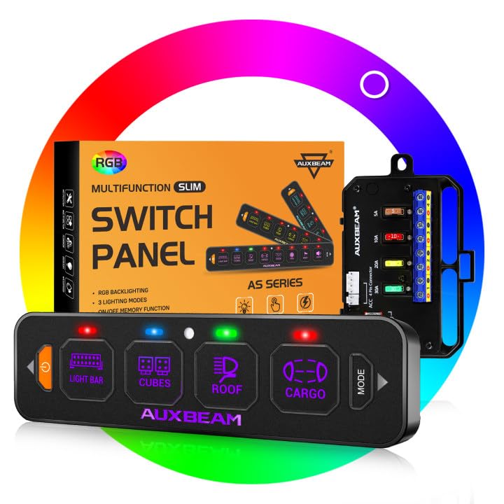 Photo 1 of Auxbeam 4 Gang Slim Switch Panel RGB AS-R40 Toggle Momentary Pulsed Dimmable Backlight Multifunction Switch Panel with Memory Function for 12-24V Truck Offroad Car Marine Waterproof 2 Years Warranty