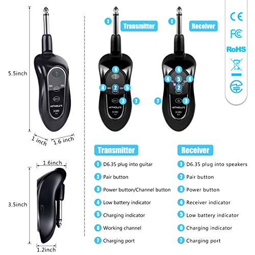 Kithouse K380 Wireless Guitar Transmitter Receiver System Set Rechargeable Guitar Wireless Cable with Carrying Bag for Electric Guitar Bass (Black)