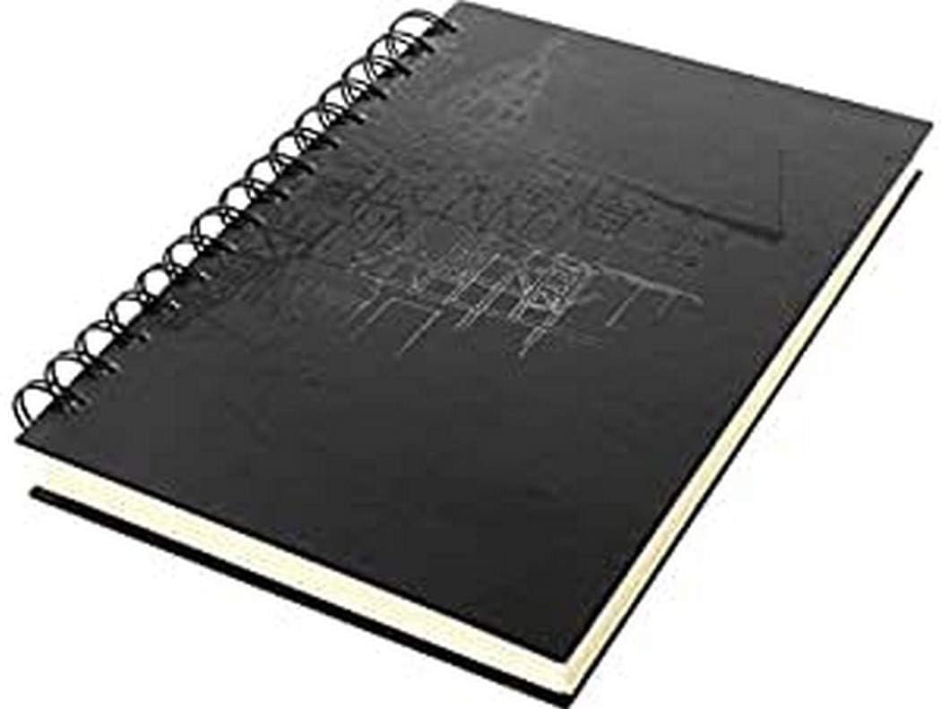 Kangaro K-5577 Sketchbook A5 Blank Wire-o Hard Cover Black with Print 140 g Cream Paper, A5 Wire-O