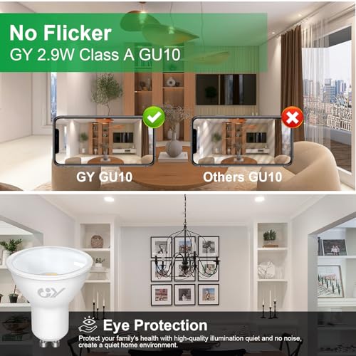 GY GU10 2.9W Class A Ultra Energy Efficient LED Bulb 3000K Warm White,520LM Energy Saving Equivalent 50W,100 ° Light Angle,Non-Dimmable,Pack of 10