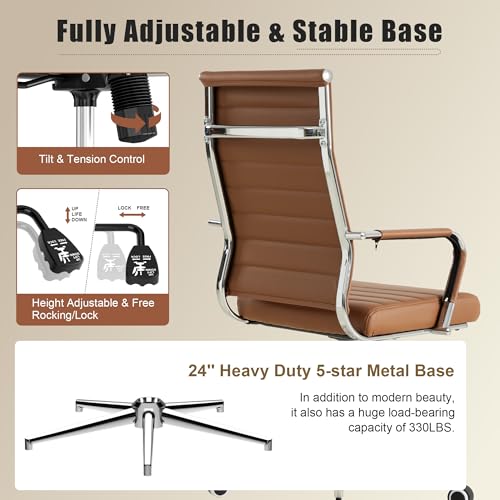 Okeysen Leather Office Desk Chair, Ergonomic Modern Conference Room Chairs with Wheels 360 Swivel, Executive Ribbed Height Adjustable Chair for Home Office.(Brown)
