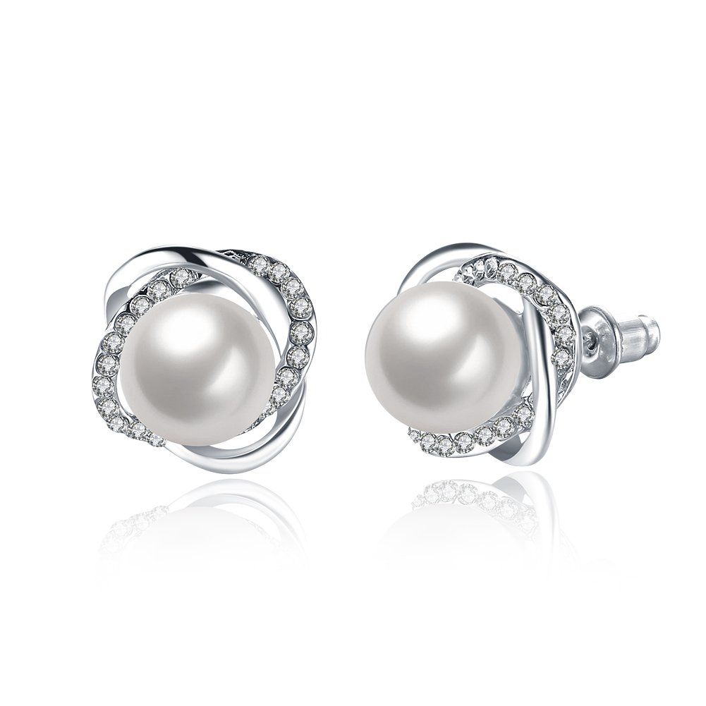 YEAHJOY Freshwater 8mm Pearl Studs Earrings Round Pearl Girl's Stud Earrings (Platinum Plated)