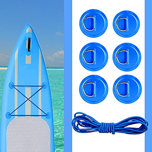 YUNNLEZT D-Ring Patch Kit, 6 Piece Stainless Steel D-Ring Patch Pads with 16ft Blue Elastic Bungee Cord for SUP PVC Inflatable Boat Kayak Canoe