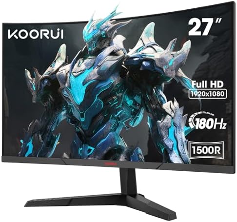 Monitor koorui de 27 polegadas, tela curva 1800r 1920 × 1080 (fhd), 144/165 hz, dci-p3 90%, moldura ultrafina, inclinação ajustável, compatível com hdmi/dp