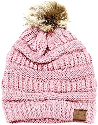 Uniklook Heimish Women's Soft Cable Knit Faux Pom Pom Solid Color Winter Beanie Hat Snow Cap (Pink)