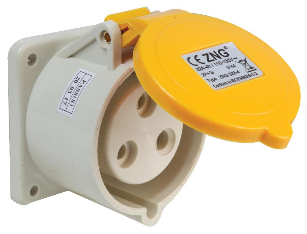 PRO ELEC 32A 110V Panel Mount CEE Socket, 2P+E, Yellow, IP44 – Industrial IEC 60309-2 Connector – PELB0123