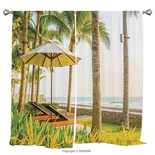 Rod Pocket Curtain Panel Thermal Insulated Blackout Curtains for Bedroom Living Room Dorm Kitchen Cafe/2 Curtain Panels/108 x 90 Inch/Seaside,Palm Trees Umbrella and Chairs Around Swimming Pool in Hot