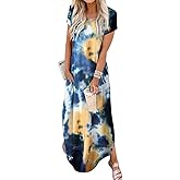 Jeqeocafy Women Summer Long Sundress Crewneck Short Sleeve Maxi Dress 2026 Casual Loose Beach Dress with Pockets