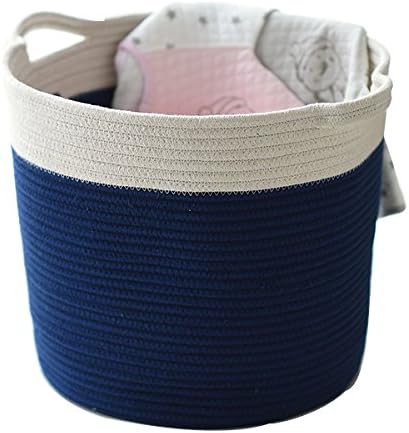Hoffom Foldable Linen Cotton Rope Storage Bin Laundry Hamper With Handles Color Mixed Stripe (Blue)