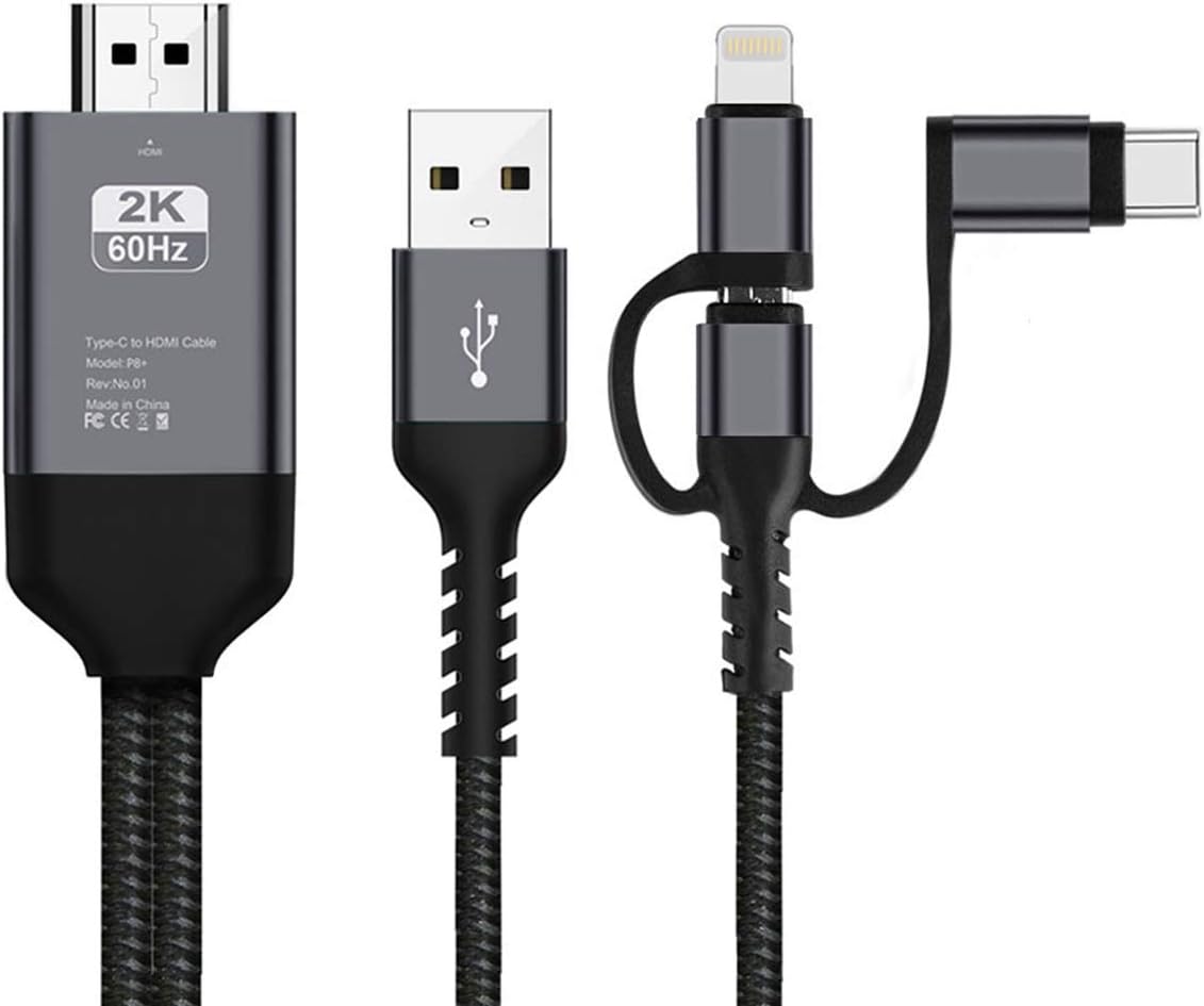 3 in 1 HDMI Adapter Cable, Lighting/Type-C/Micro USB to HDMI Cable Digital Audio Mirror Mobile Phone Screen to TV Projector Monitor 1080P HDTV Adapter for iOS and Android Devices 2.0m/6.5FT (Gray)