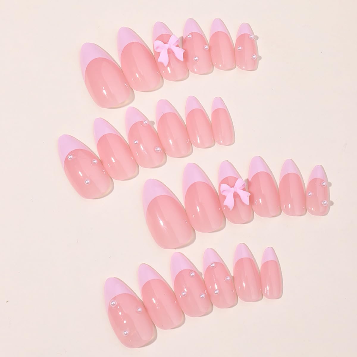 24Pcs French Tip Press on Nails Short Almond Fake Nails Pink Tip Full Cover Glue on Nails with Pearl Luxury Artificial Bow False Nails Cute Designs Stick on Nails for Women Acrylic Nails Decorations - Image 3