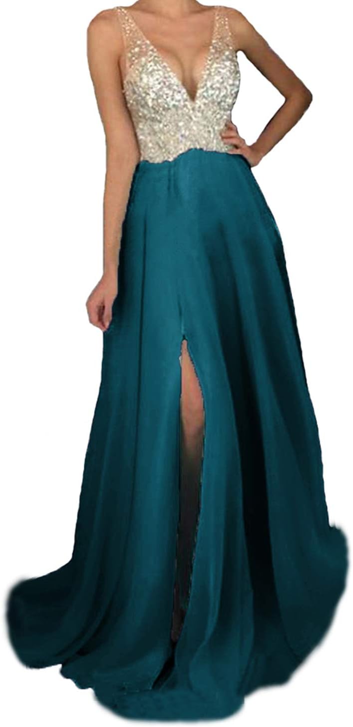 Women's Deep V Neck Beaded Chiffon Prom Dresses Slit Long Backless Sexy Party Evening Gown Hear051