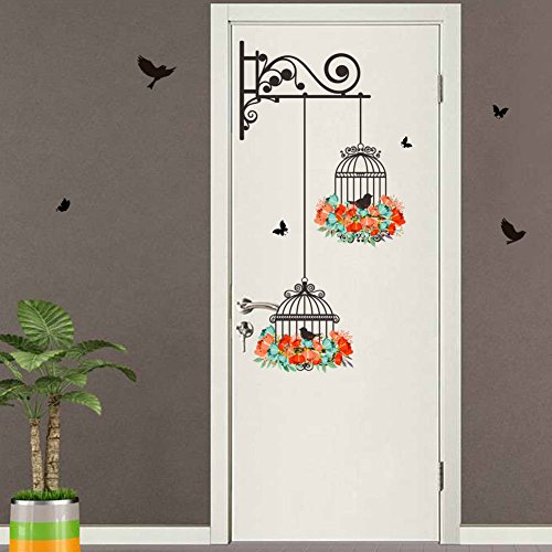 BIBITIME 2 Flower Wreath Birdcages with Black Birds Wall Decal Vinyl Butterfly Sticker for Office Window Living Room Porch Door Back Kitchen Bedroom DIY Art Mural