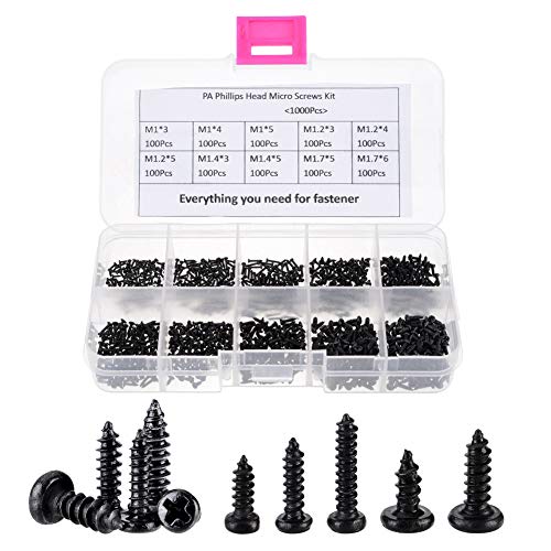 MEIYYJ M1 M1.2 M1.4 M1.7 Mix PA Phillips Head Micro Screws Round Head Self-Tapping Electronic Mini Wood Screws Kit, Pack of 1000