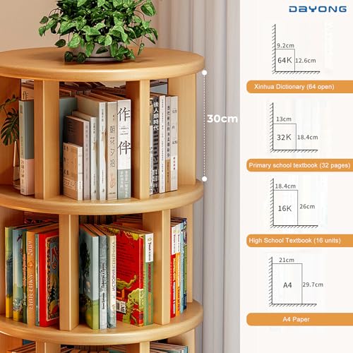 DAYONG 5-Tier Rotating Bookshelf, Large Capacity Solid Wood Bookcase with Wheels, Space-Saving Book Shelf Storage Display Rack Floor Standing Shelves for Small Space, Corner, Office (Natural)