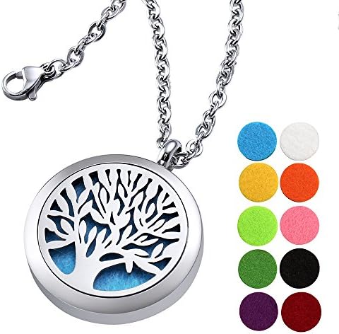 Essential Oil Diffuser Necklace FLYIOGER Aromatherapy Diffuser Magnetic Locket Necklaces with 24" Chain and 10 Color Refill Washable Pads Gift for women(Tree of Life)