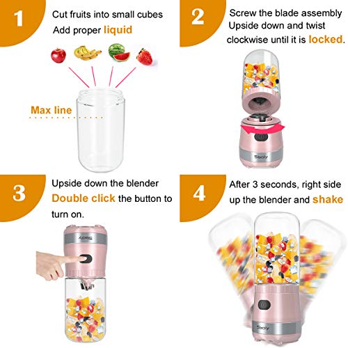 Mini Mélangeur Portable USB Rechargeable avec 2 Bouteilles Tritan Sans BPA, Mélangeur Personnel pour Smoothies et Milk Shakes, Petit Mélangeur de Jus pour le Bureau et les Voyages par Sboly (Rose)