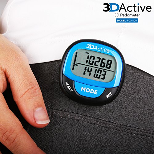 3DActive 3D Pedometer PDA-100| Best Pedometer for Walking with 30-Days Memory. Accurate Step Counter, Calorie Counter, Distance Miles/Km & Daily Target Monitor. (Black/Blue)