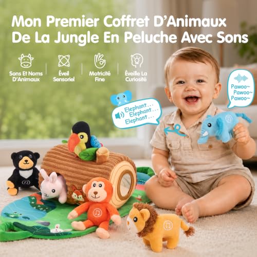 hahaland Jouet Bébé 6 Mois, Animaux Jungle en Peluche avec Sons & Mots, Coffret Maison Arbre 8 Pièces avec 6 Animaux Sonores, Tapis Sensoriel, Jouet Montessori Bébé 6-12 Mois Cadeau Bébé 1 an