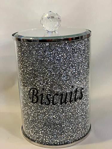 TOV® Diamond Crushed Tea Coffee Sugar CANISTERS Jars Storage Silver Trimmings Crystal Filled (Biscuit- Silver)