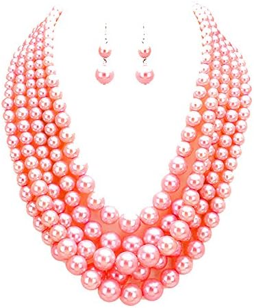 Pink Faux Pearl Multi Strand Necklace with Pierced Dangle Earrings
