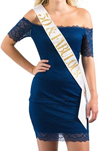 Dulcet Downtown White Satin 50 & Fabulous Birthday Sash w/ Gold Glitter encased in Letters - 50th Birthday Party Supplies