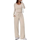 Trendy Queen Women's 2 Piece Matching Lounge Sets Long Sleeve Henley Neck Slightly Crop Top Wide Leg Pants Casual Sweat Suit