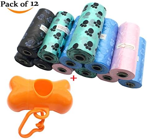 12 Rolls/180-count Pet Poop Bags, Dog Waste Disposal Bags (Green, Blue, Black, Pink with Paw Prints) + Bone Dispenser