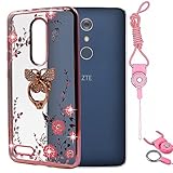 ZTE ZMAX Pro Case , ZTE Carry / Imperial Max / Kirk Case , BestAlice Slim Soft Gel Clear Bling Case Rose Gold Metal Plating Bumper Cover & Lanyard Neck Strap , Butterfly Ring Stand