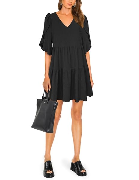 SEBOWEL WOMEN CASUAL SHORT SLEEVE V NECK PLEATED RUFFLE SHORT TIERED DRESS FLOWY MINI PARTY DRESS LOOSE SWING DRESS, BLACK, L