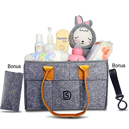 Diaper Caddy Organizer Nursery Diaper Tote Bag Portable Car Travel Felt Diaper Basket Infant Boy Girl Baby Essentials Storage Bin for Changing Table - Cute Gift for Kids (Black)