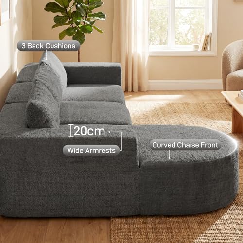 HOMCOM 106" Modular Sectional Sofa with Chaise and Deep Seat, 3-Seater L Shaped Cloud Couch, Upholstered Boneless Couch for Living Room, Bedroom, No Assembly Required, Dark Grey | Curved Foam Chaise