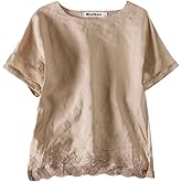 Minibee Women's Summer Linen Tunic Shirt High Low Hem Embroidery Blouse Top