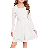 Haloumoning Girls Mesh Long Sleeve Dress Kids Square Neck Ruched Waist Double Layered Party Dance Dresses 5-14Y