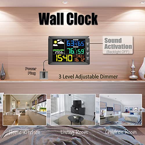 AIRAIN TECH Wireless Weather Station Clock, 10 Inch Home Indoor Weather Monitor with Barometer, Outdoor Temperature and Humidity Gauge, Black