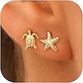 GUOKE Beach Starfish Earrings – 14K Gold/White Gold Plated Seafish Shell Earrings, Coastal Beachy Summer Vacation Jewelry for Women