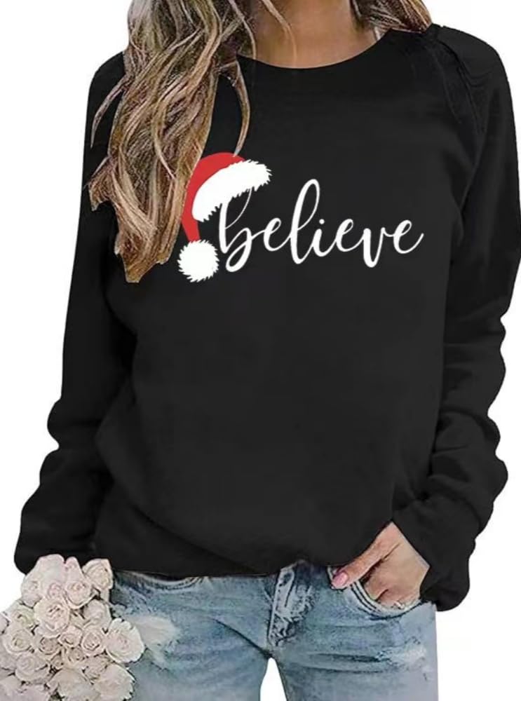 Photo 1 of essential cocoon Women's Believe Christmas Sweatshirt Funny Xmas Santa Hat Graphic Long Sleeve Pullover Holiday Party Family Matching Winter Tops(XXL,G-black)