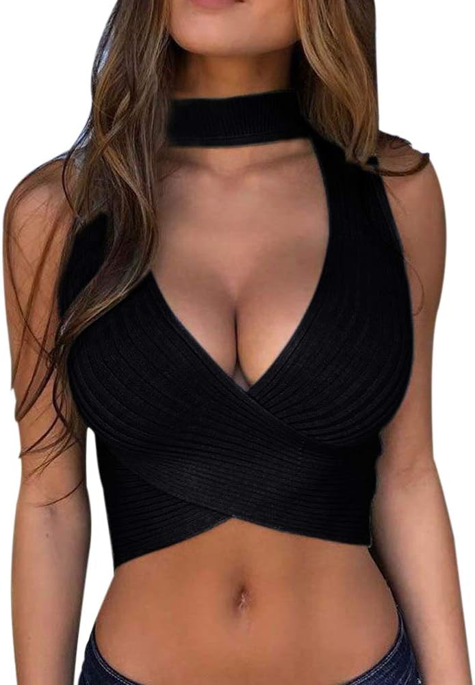 MENGUNO Womens Choker V Neck Tank Top Sleeveless Cut Out Knit Cross Wrap Crop Top Vest Shirt