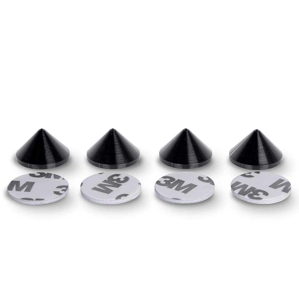PrecisionGeek - Speakers Spikes Cone shape, 20mm diameter, Aluminium Anodised Black, for Speakers, HiFi Stands, Soundbars, Self-adhesive double-sided Pads included - 4 pieces
