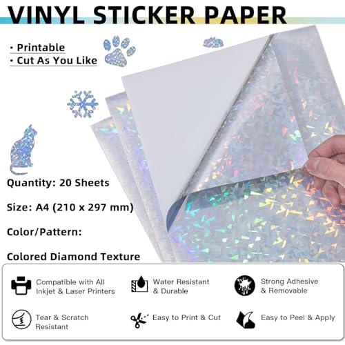 TOJUNE Bedruckbares Vinyl-Aufkleberpapier für Tintenstrahl- und Laserdrucker, A4, 21 x 29.7 cm, Wasserfest, Beliebiger Schnitt, Selbstklebende Rückseite (20 Stück) (Farbige Diamantstruktur) thumbnail 2